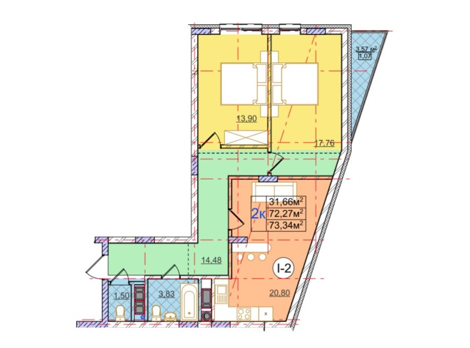 Планування 2-кімнатної квартири в ЖК Перфецького 73.34 м², фото 116954 Планування 2-кімнатної квартири в ЖК Перфецького 73.34 м², фото 116954