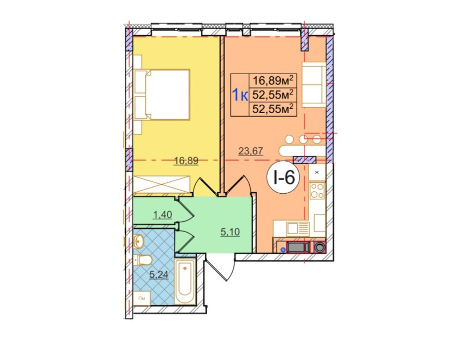 Планування 1-кімнатної квартири в ЖК Перфецького 52.55 м², фото 116965 Планування 1-кімнатної квартири в ЖК Перфецького 52.55 м², фото 116965