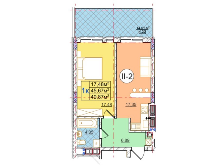 Планування 1-кімнатної квартири в ЖК Перфецького 49.87 м², фото 116976 Планування 1-кімнатної квартири в ЖК Перфецького 49.87 м², фото 116976