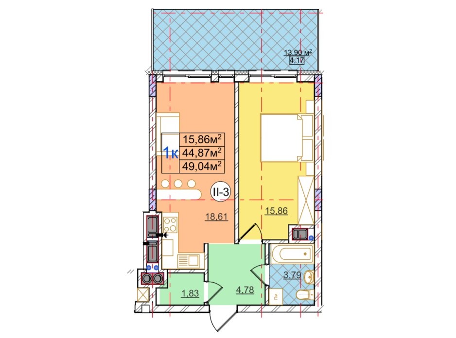 Планування 1-кімнатної квартири в ЖК Перфецького 49.04 м², фото 116977 Планування 1-кімнатної квартири в ЖК Перфецького 49.04 м², фото 116977