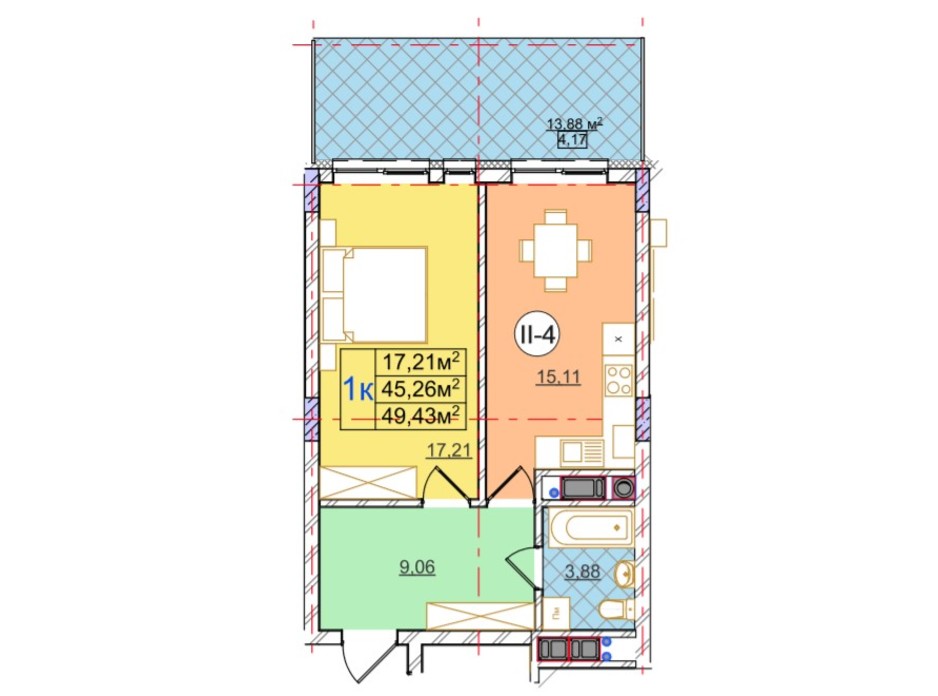 Планування 1-кімнатної квартири в ЖК Перфецького 49.43 м², фото 116978 Планування 1-кімнатної квартири в ЖК Перфецького 49.43 м², фото 116978