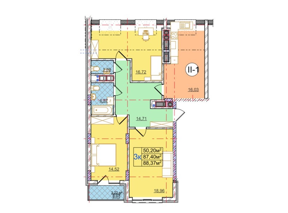 Планування 3-кімнатної квартири в ЖК Перфецького 88.37 м², фото 116980 Планування 3-кімнатної квартири в ЖК Перфецького 88.37 м², фото 116980