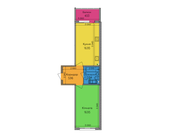 ЖК Lalaland: планування 1-кімнатної квартири 48.54 м²