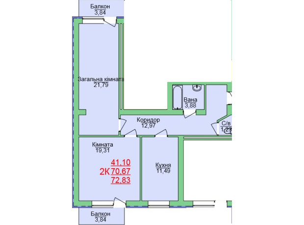 ЖК Зеленый оазис: планировка 2-комнатной квартиры 72.83 м²