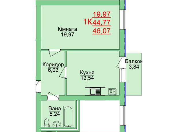 ЖК Зелена оаза: планування 1-кімнатної квартири 45.19 м²