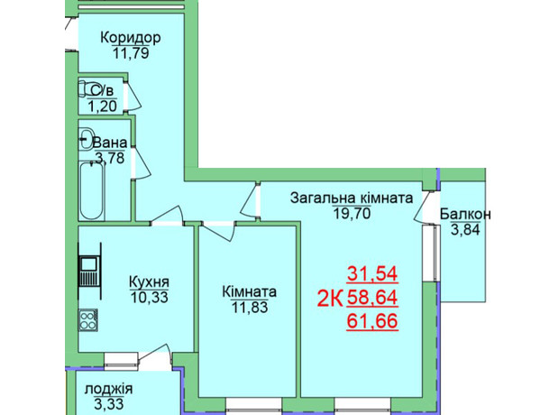 ЖК Зеленый оазис: планировка 2-комнатной квартиры 89.43 м²