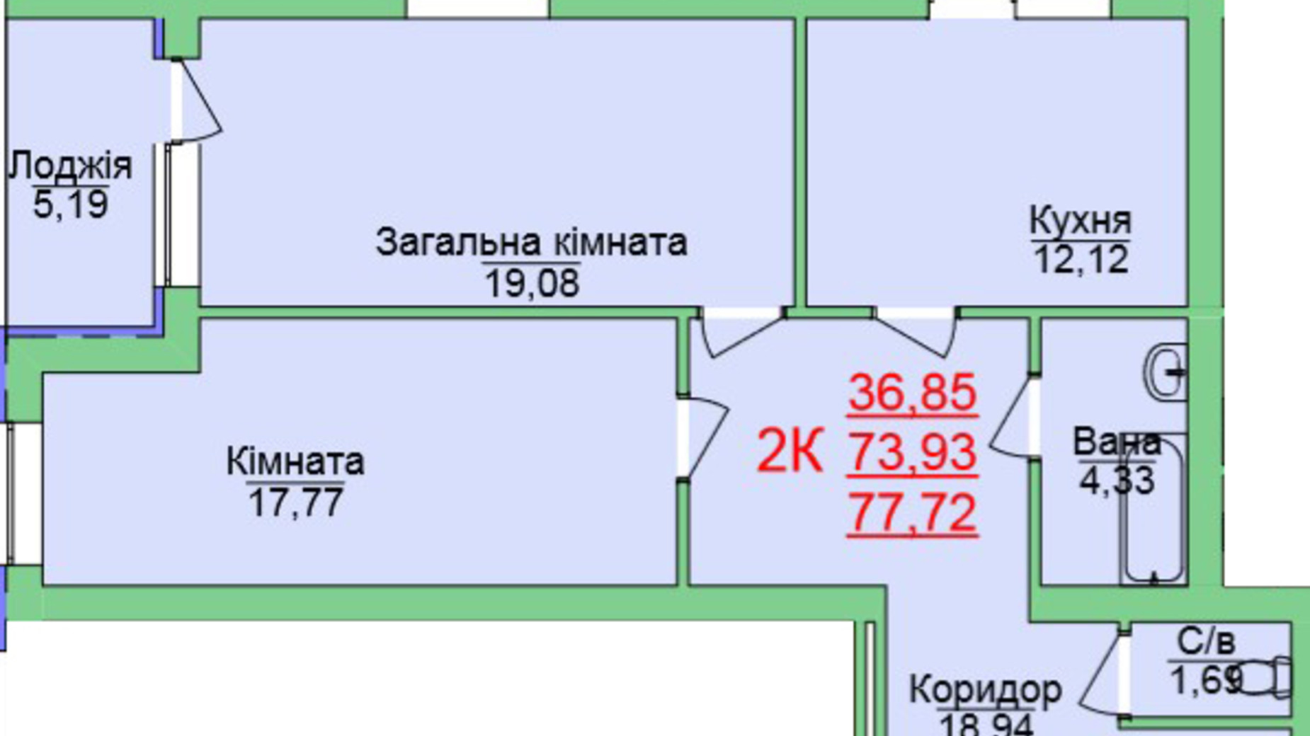 Планировка 2-комнатной квартиры в ЖК Зеленый оазис 77.72 м², фото 118956