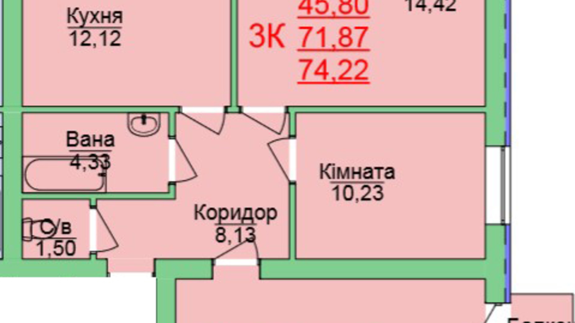 Планировка 3-комнатной квартиры в ЖК Зеленый оазис 74.22 м², фото 118966