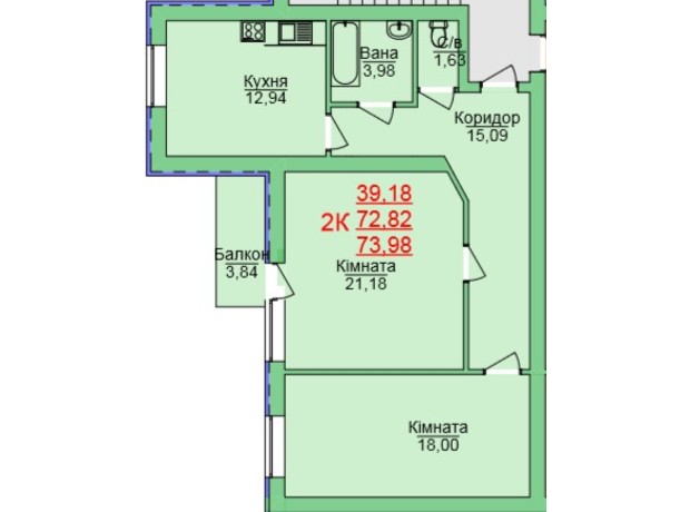 ЖК Зеленый оазис: планировка 2-комнатной квартиры 73.98 м²