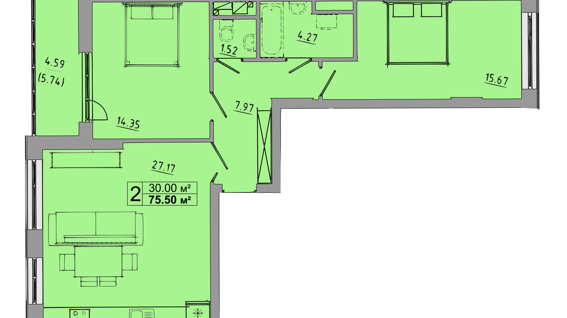 Планировка 2-комнатной квартиры в ЖК Централ Холл 75.5 м², фото 119073