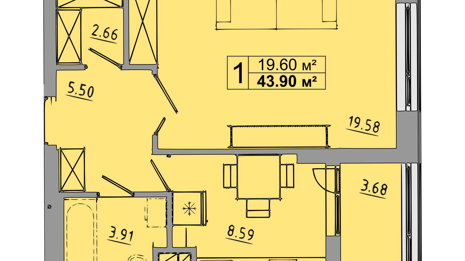 Планування 1-кімнатної квартири в ЖК Централ Хол 43.9 м², фото 119074