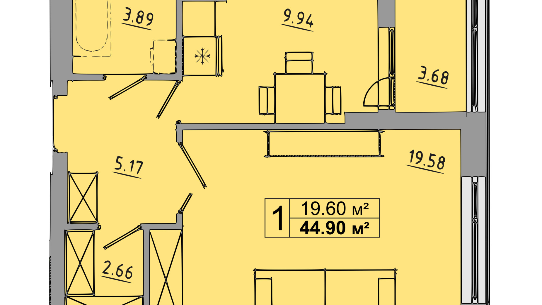 Планировка 1-комнатной квартиры в ЖК Централ Холл 44.9 м², фото 119075