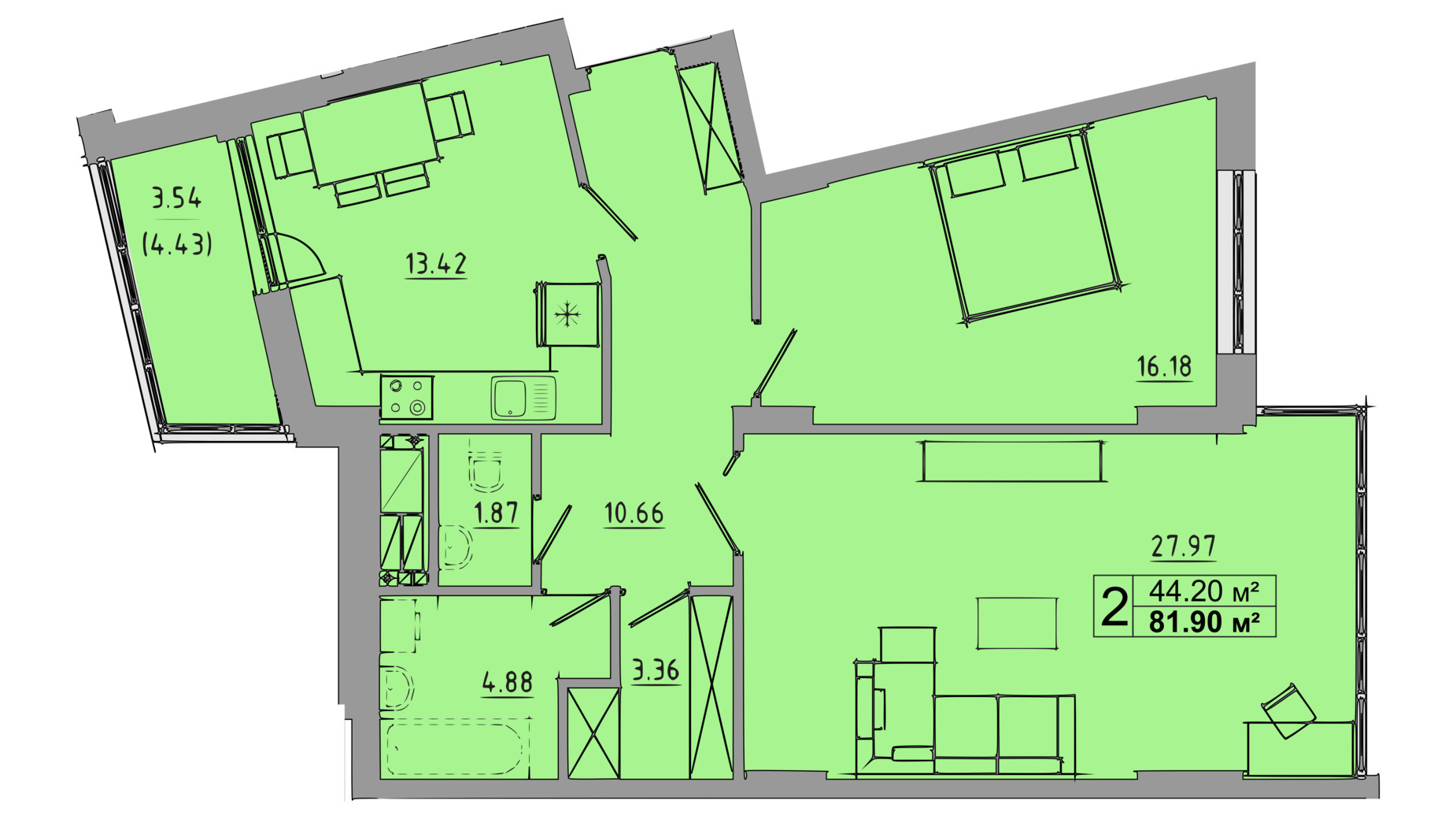 Планування 2-кімнатної квартири в ЖК Централ Хол 81.9 м², фото 119076