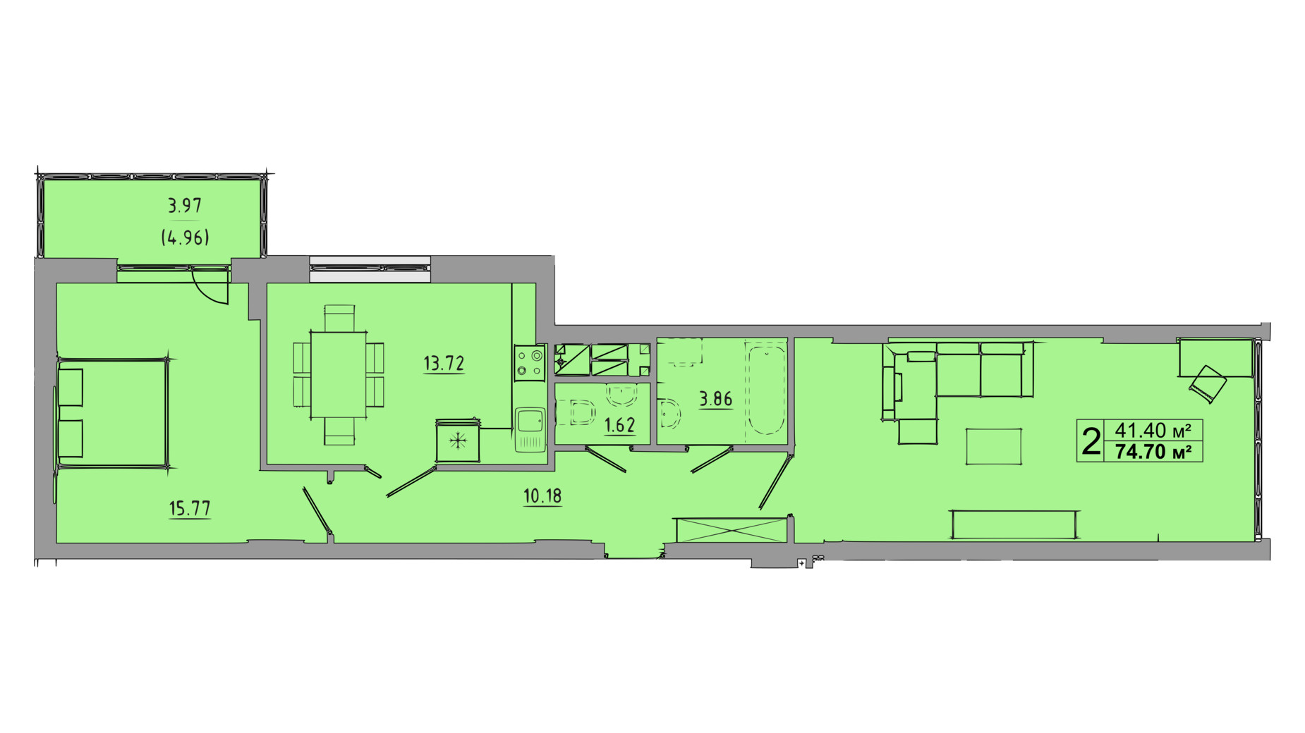 Планування 2-кімнатної квартири в ЖК Централ Хол 74.7 м², фото 119077