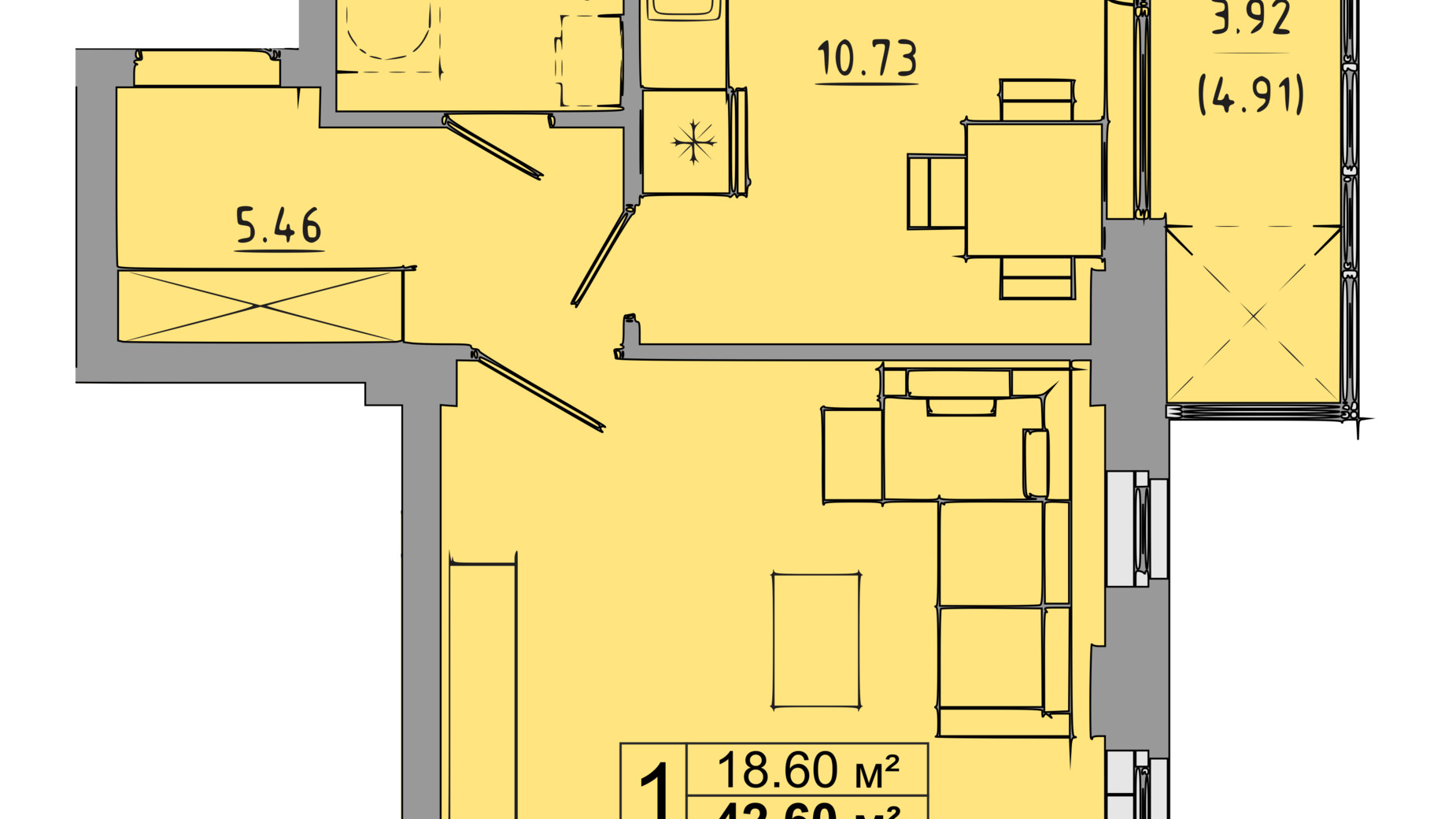 Планировка 1-комнатной квартиры в ЖК Централ Холл 42.6 м², фото 119078