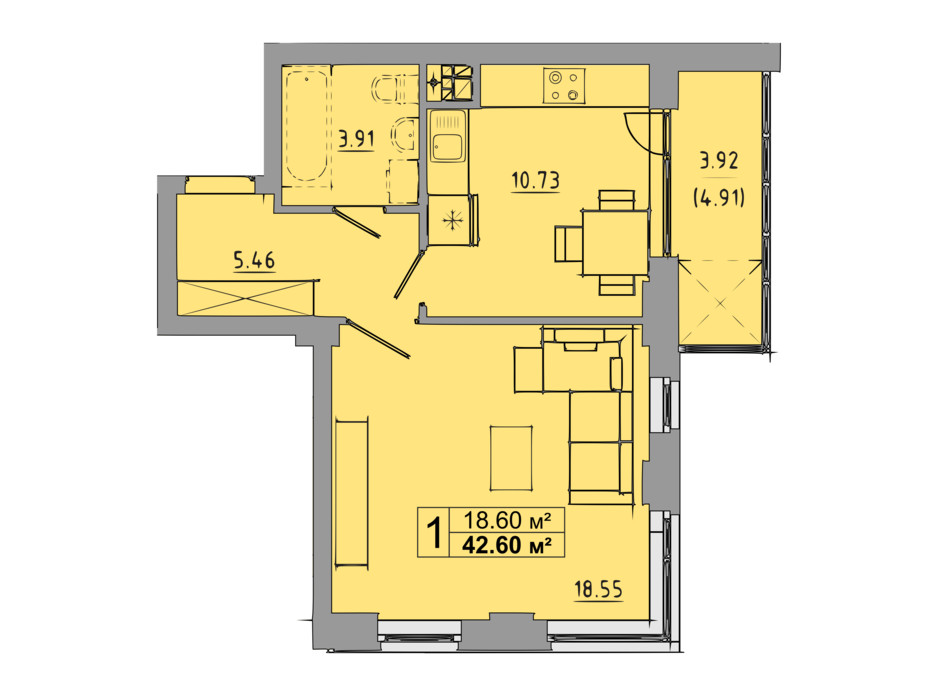 Планировка 1-комнатной квартиры в ЖК Централ Холл 42.6 м², фото 119078 Планировка 1-комнатной квартиры в ЖК Централ Холл 42.6 м², фото 119078