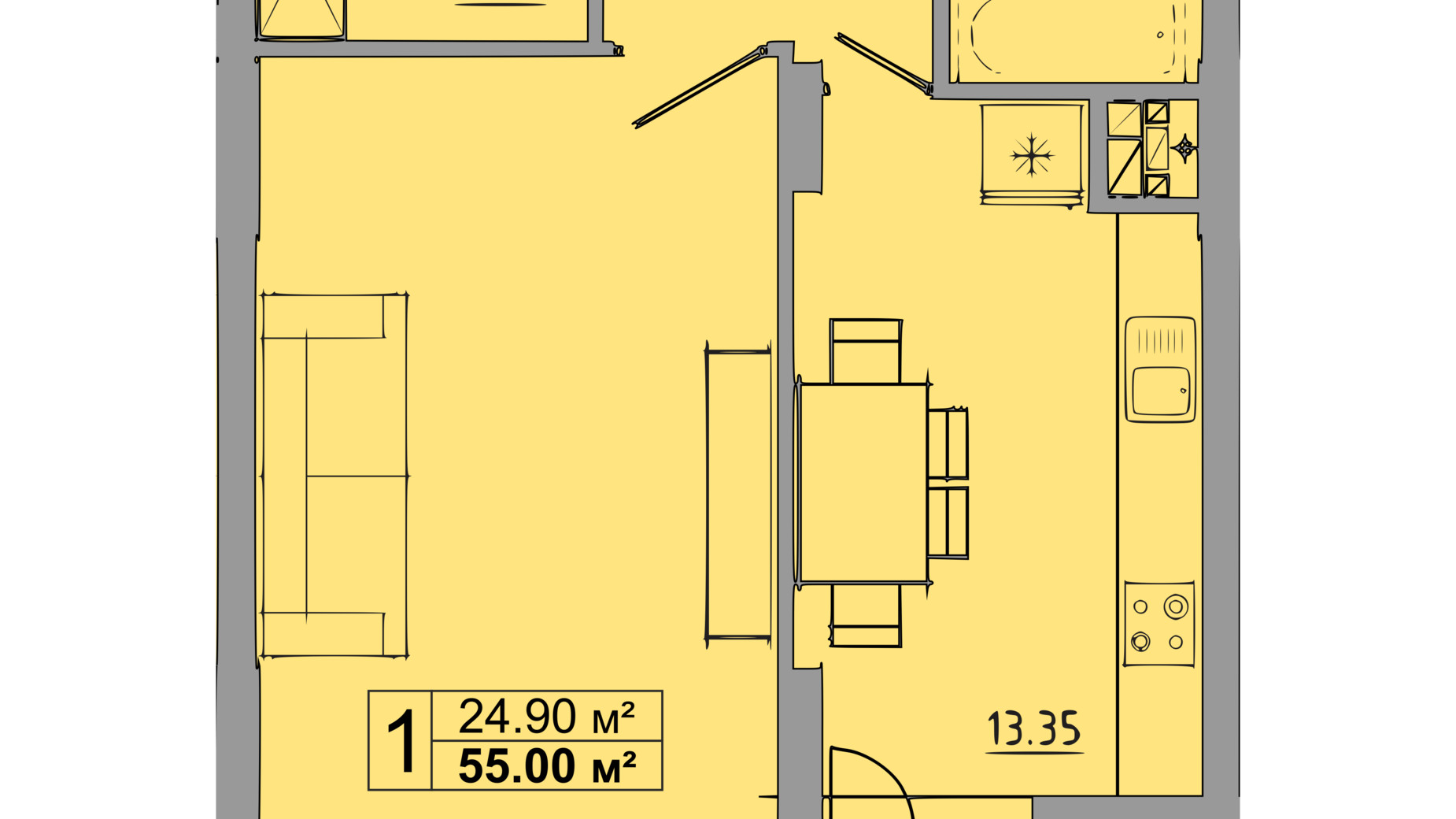 Планування 1-кімнатної квартири в ЖК Централ Хол 55 м², фото 119083