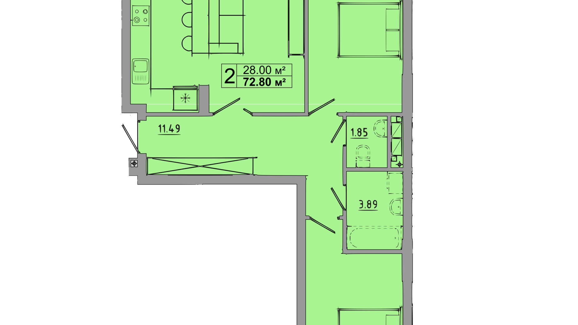 Планировка 2-комнатной квартиры в ЖК Централ Холл 72.8 м², фото 119087