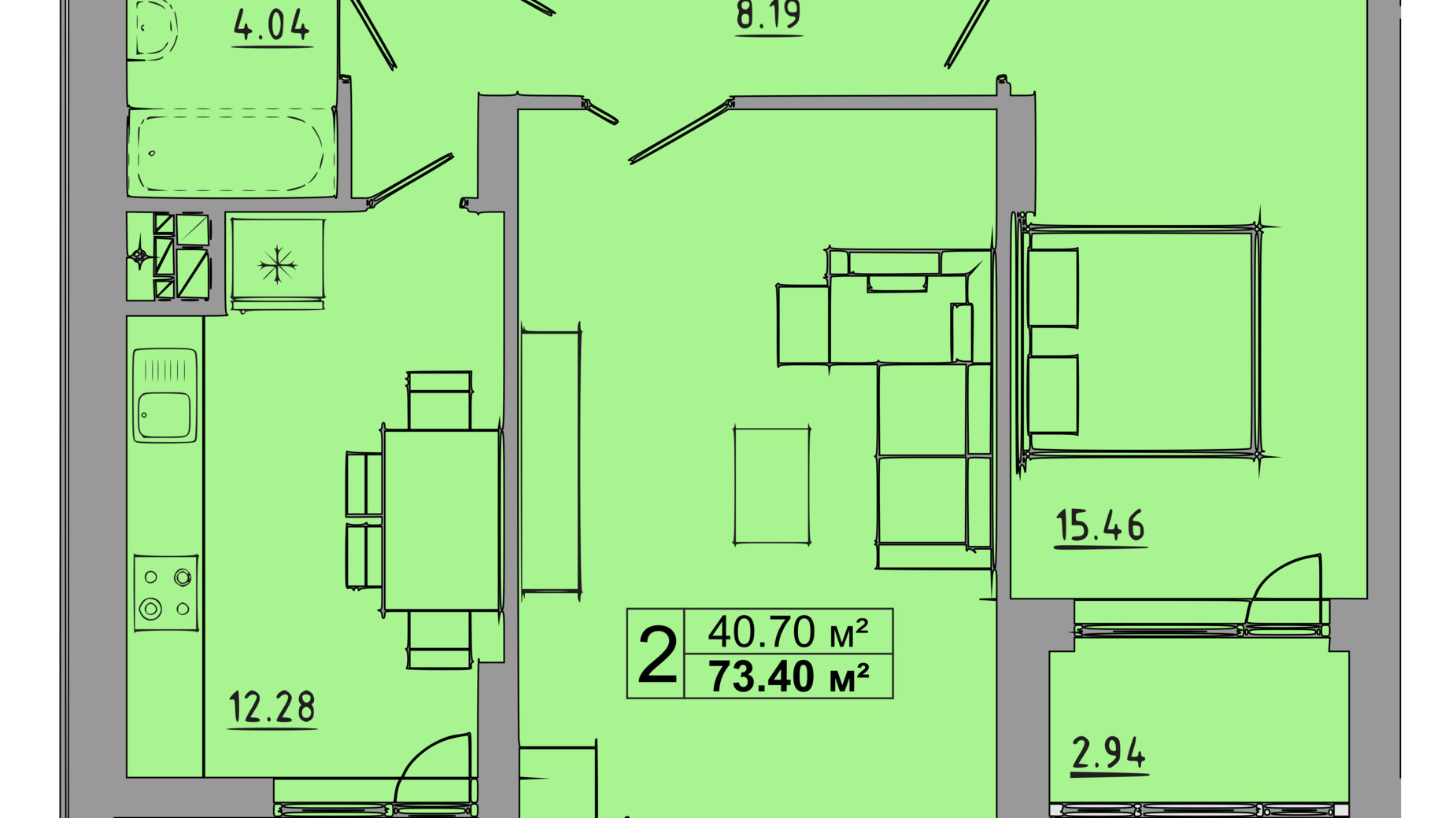 Планування 2-кімнатної квартири в ЖК Централ Хол 73.4 м², фото 119088
