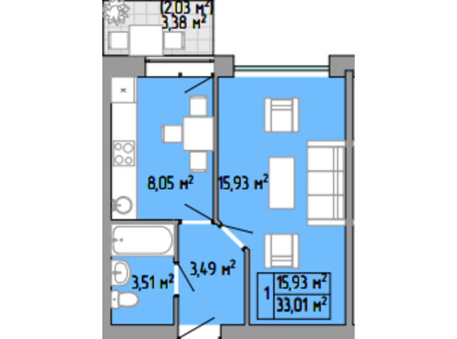 Планування 1-кімнатної квартири в ЖК Акварель 2 33.01 м², фото 119680 Планування 1-кімнатної квартири в ЖК Акварель 2 33.01 м², фото 119680