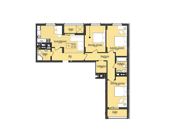 ЖК Deluxe 2: планировка 3-комнатной квартиры 99.01 м²