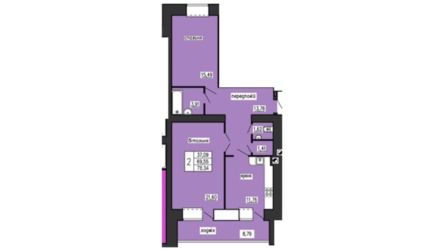 Планування 2-кімнатної квартири в ЖК по вул. Лучаківського-Тролейбусна 78.34 м², фото 121592
