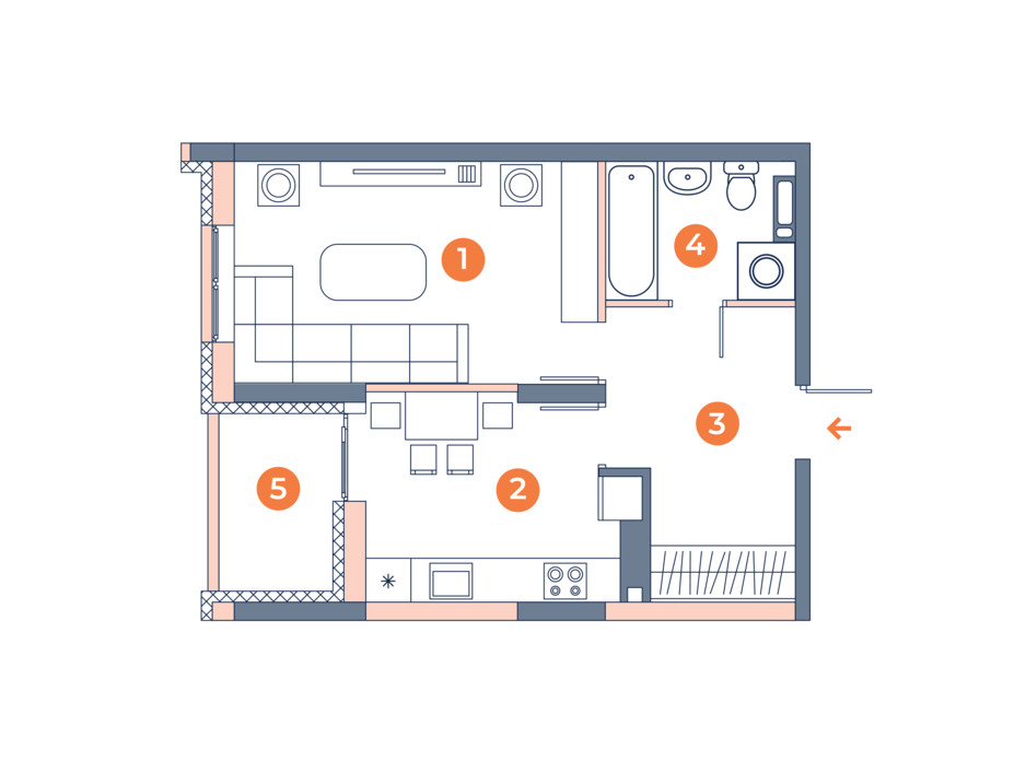 Планировка 1-комнатной квартиры в ЖК Orange City 39.21 м², фото 121829 Планировка 1-комнатной квартиры в ЖК Orange City 39.21 м², фото 121829