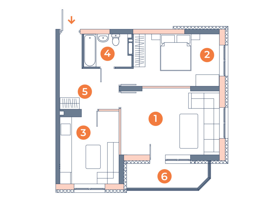 Планировка 2-комнатной квартиры в ЖК Orange City 53.42 м², фото 121831 Планировка 2-комнатной квартиры в ЖК Orange City 53.42 м², фото 121831