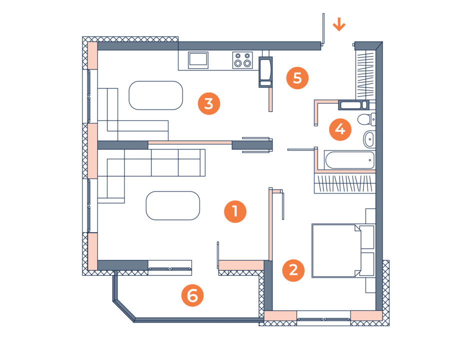 Планировка 2-комнатной квартиры в ЖК Orange City 54.51 м², фото 121833 Планировка 2-комнатной квартиры в ЖК Orange City 54.51 м², фото 121833
