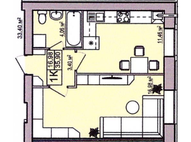 ЖК Правильный выбор: планировка 1-комнатной квартиры 35.9 м²