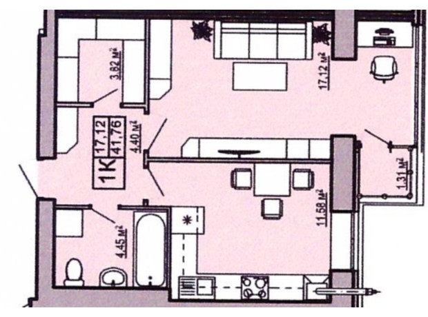 ЖК Правильный выбор: планировка 1-комнатной квартиры 41.76 м²