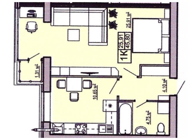 ЖК Правильный выбор: планировка 1-комнатной квартиры 45.8 м²