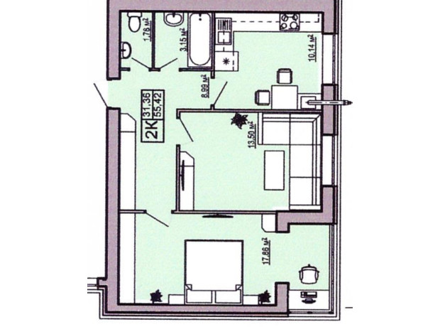 ЖК Правильный выбор: планировка 2-комнатной квартиры 55.39 м²