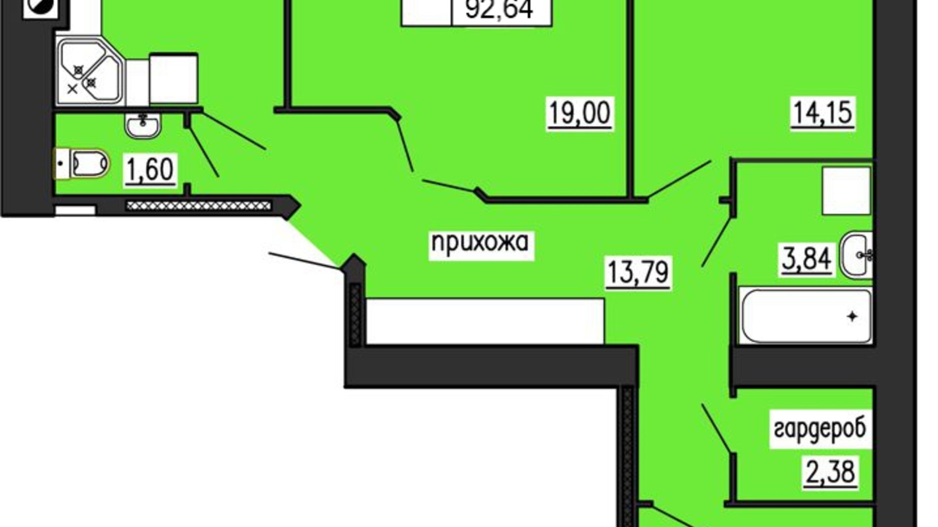 Планировка 3-комнатной квартиры в ЖК по ул. Лучаковского-Троллейбусная 92.64 м², фото 122924
