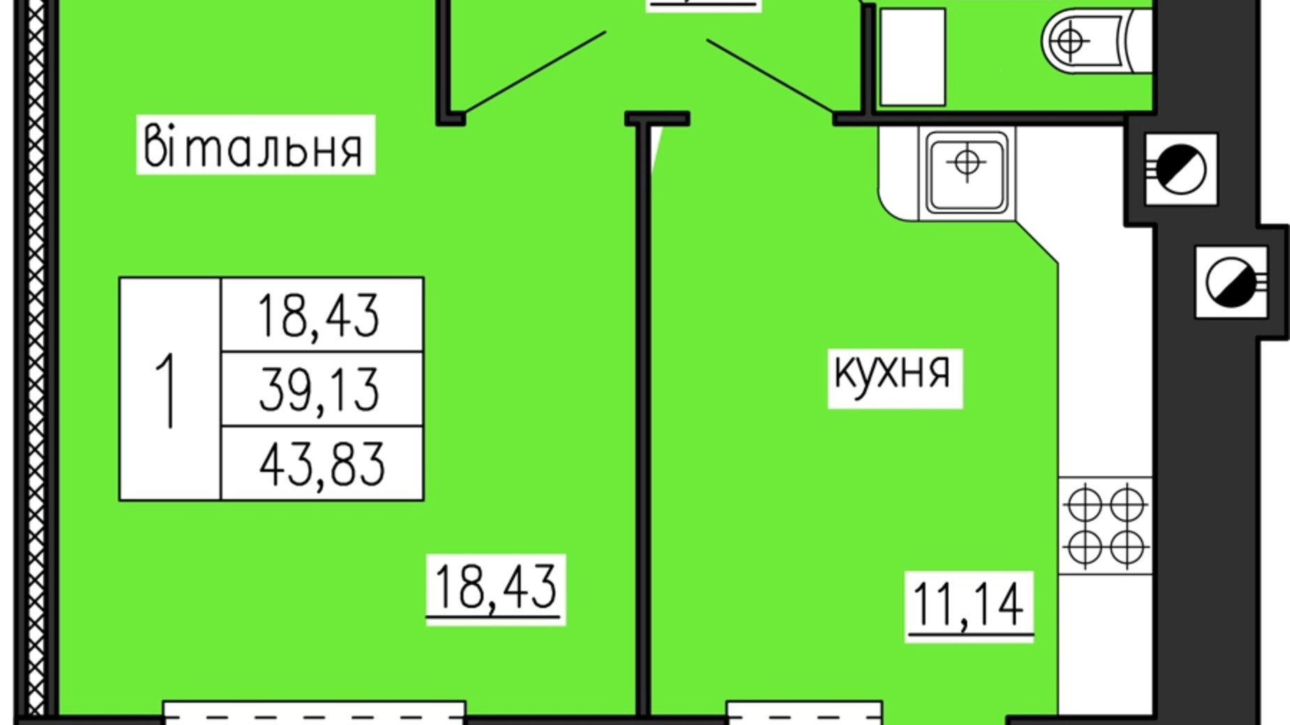 Планування 1-кімнатної квартири в ЖК по вул. Лучаківського-Тролейбусна 43.83 м², фото 122925