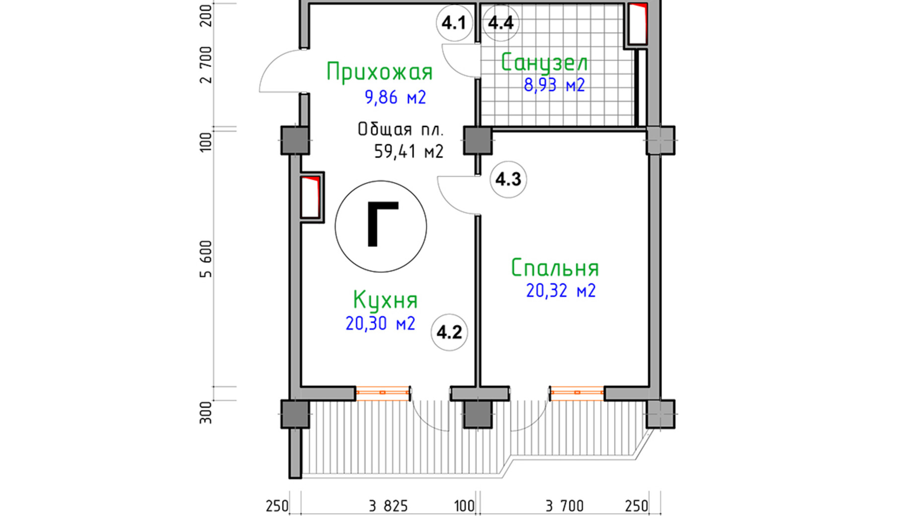 Планування 1-кімнатної квартири в ЖК Адмірал 59.41 м², фото 123991
