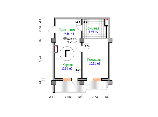 ЖК Адмірал: планування 1-кімнатної квартири 59.41 м²