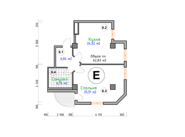 ЖК Адмірал: планування 1-кімнатної квартири 62.83 м²
