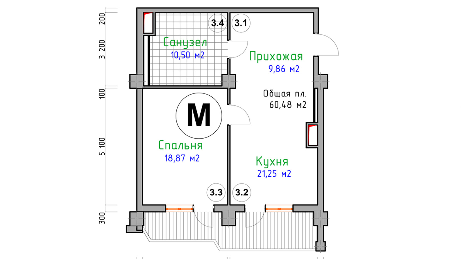 Планировка 1-комнатной квартиры в ЖК Адмирал 60.48 м², фото 123996