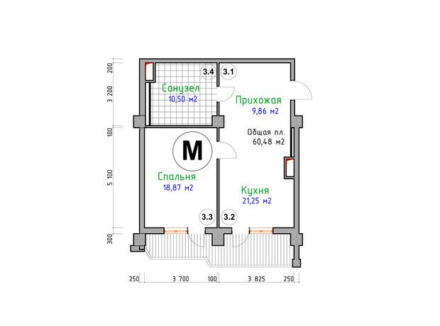 ЖК Адмірал: планування 1-кімнатної квартири 60.48 м²