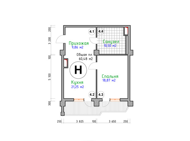 ЖК Адмирал: планировка 1-комнатной квартиры 60.48 м²