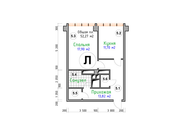 ЖК Адмирал: планировка 1-комнатной квартиры 52.27 м²