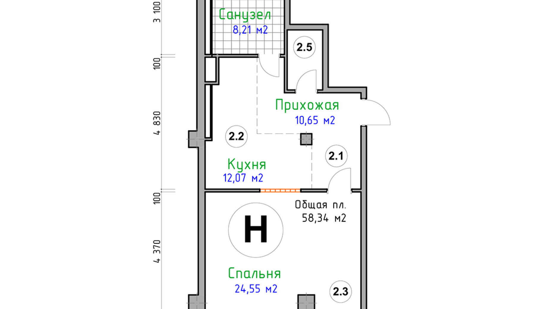 Планировка 1-комнатной квартиры в ЖК Адмирал 58.34 м², фото 124001