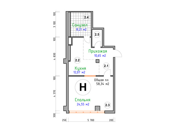 ЖК Адмирал: планировка 1-комнатной квартиры 58.34 м²