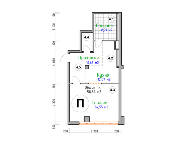 ЖК Адмірал: планування 1-кімнатної квартири 58.34 м²