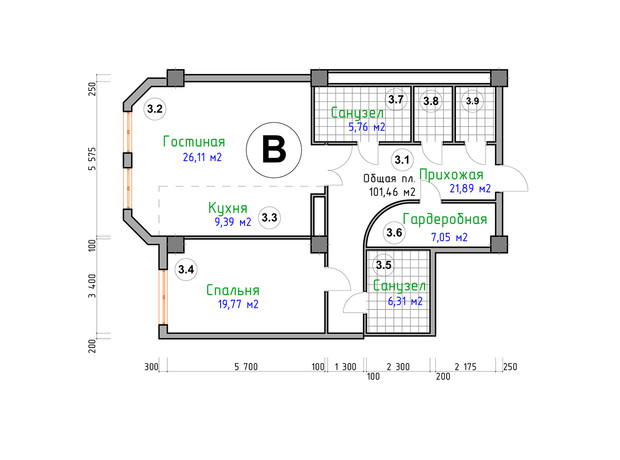 ЖК Адмирал: планировка 2-комнатной квартиры 103 м²