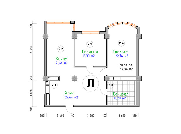 ЖК Адмирал: планировка 2-комнатной квартиры 97.34 м²