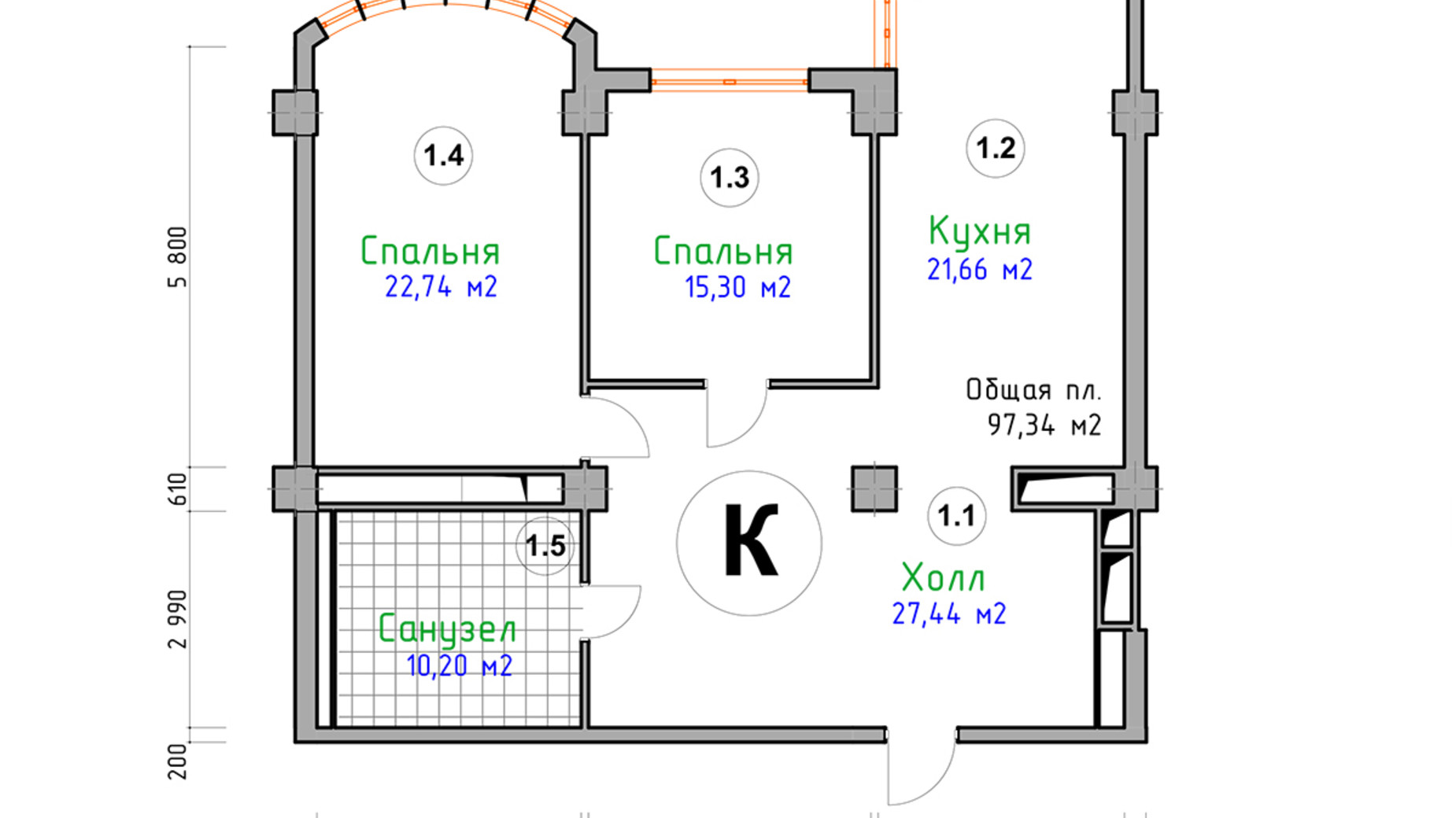 Планування 2-кімнатної квартири в ЖК Адмірал 97.34 м², фото 124023