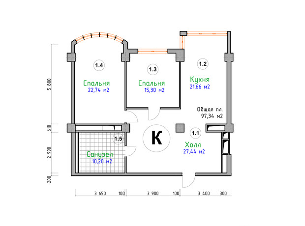 ЖК Адмирал: планировка 2-комнатной квартиры 97.34 м²