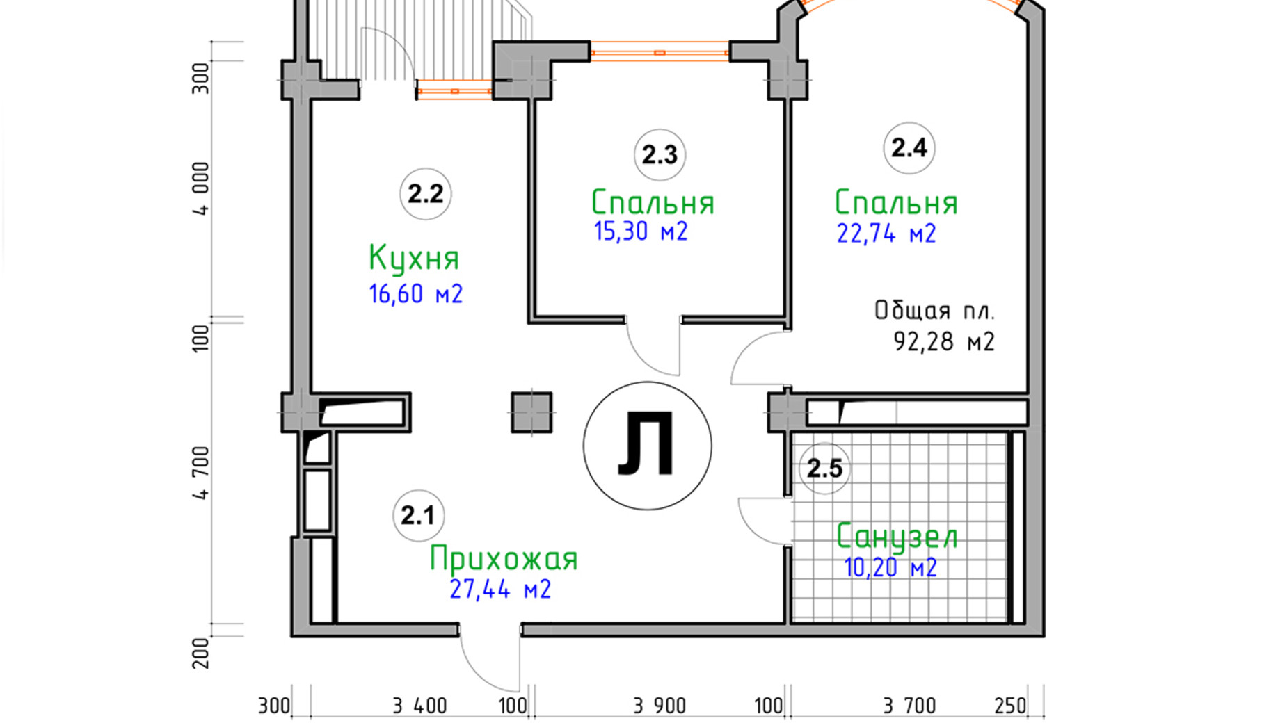 Планування 2-кімнатної квартири в ЖК Адмірал 92.28 м², фото 124032